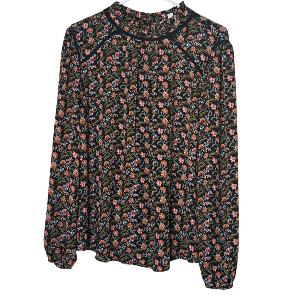Loft Top Womens L Black Floral Lace Trim Blouse Boho Peasant Cottagecore